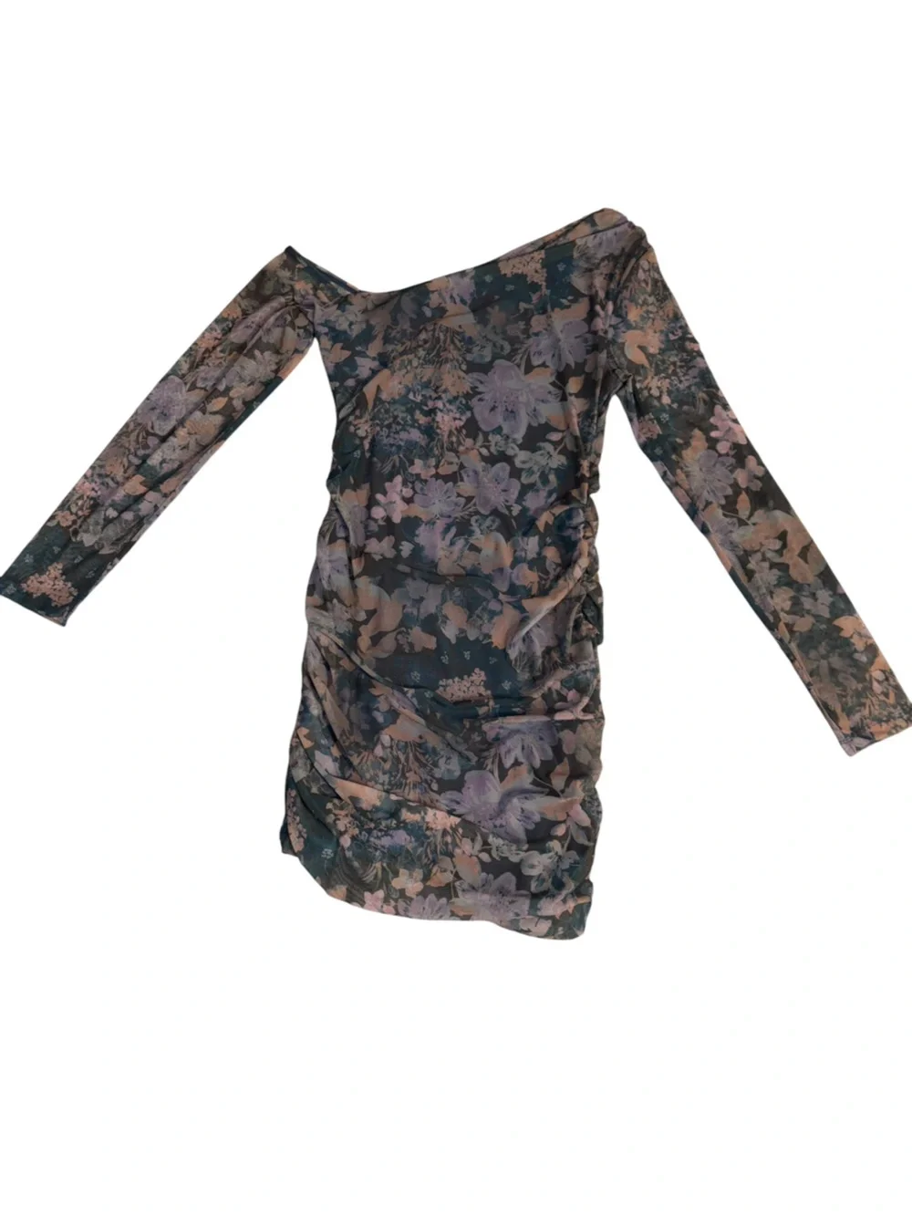 NWT women FREE PEOPLE blue floral mesh off the shoulder long sleeve mini dress s